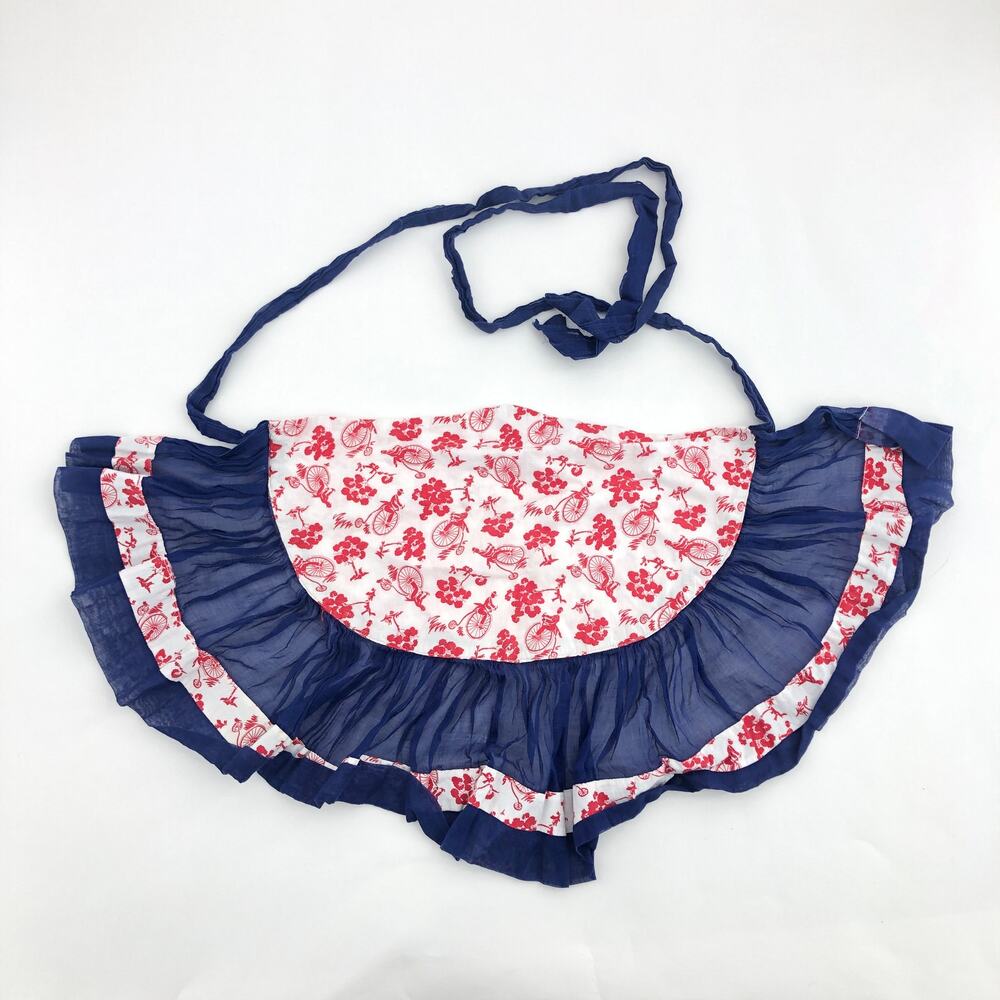 Handmade VINTAGE Red Blue Ruffled Penny Farthing Gilded Age Waist Half Apron